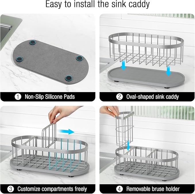 Kitchen Sink Organizer with Sponge Holder & Brush Holder - Drain-Free Non-Slip Base, 2.6mm Stainless Steel with Silver Rust-Resistant Coating - Easy Install & Clean Kitchen Sink Caddy