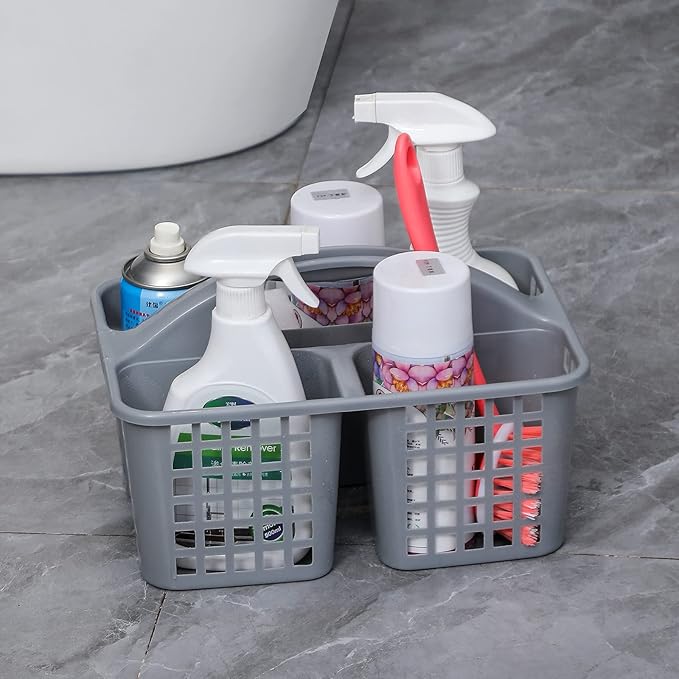 JiatuA Portable Shower Caddy Basket with Compartments Cleaning Supplies Organizer with Handle Plastic Storage Divided Tool Bin for Bathroom, Bedroom, Kitchen, College Dorm, Garden, Under Sink, Grey
