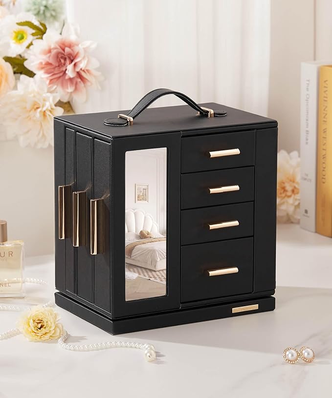 Homde Christmas Gifts Jewelry Box 360° Rotating, Necklace Earring Organizer with Transparent Window, Mirror, 7 Drawers, Large Ring Display Storage Case for Girls Women (Black)