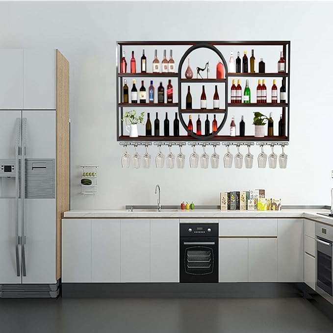 Large Wall Mount Wine Rack, Metal 4 Tier Large Capacity Hanging Bar Rack with Wine Glass Holder, Oval Wine Bottle Storage Display Rack for Kitchen, Living Room, Home (Gold, 180cm/71in)
