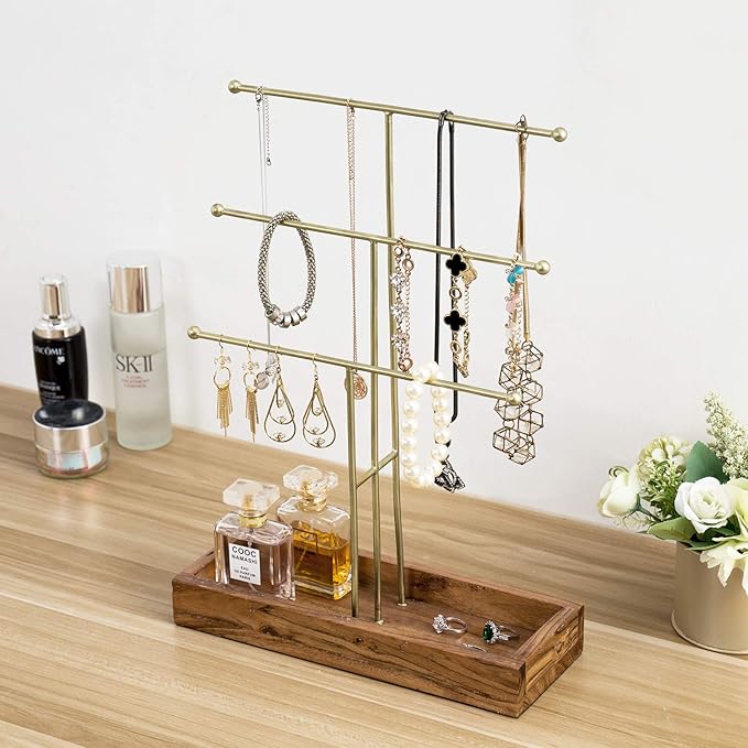 MyGift Handmade 3-Tier Brass Metal Jewelry Tree Organizer Stand and Ring Tray with Solid Acacia Wood Base, T Bar Necklace and Bracelet Display Rack, Handcrafted in India