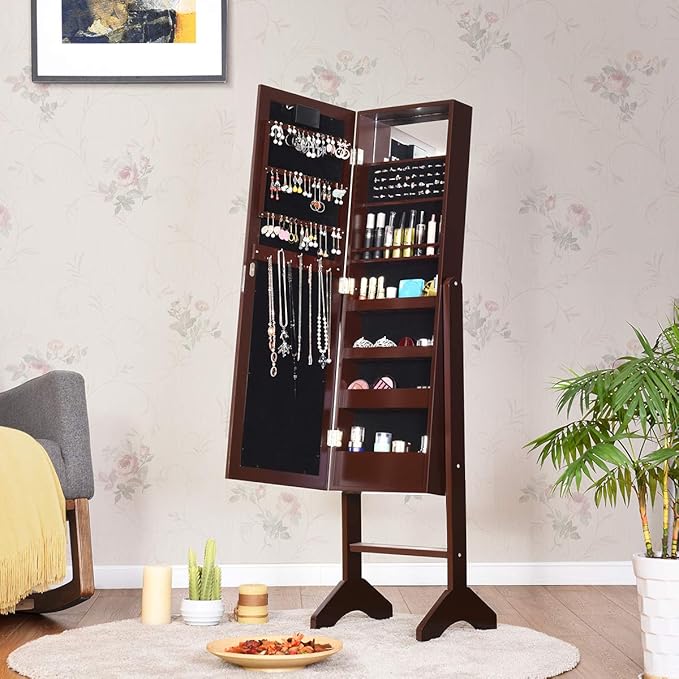 Giantex Standing Jewelry Armoire with 18 LED Lights Around the Door, Large Storage Mirrored Jewelry Cabinet with Full Length Mirror, 16 Lipstick Holders, 1 Inside Makeup Mirror (Brown)