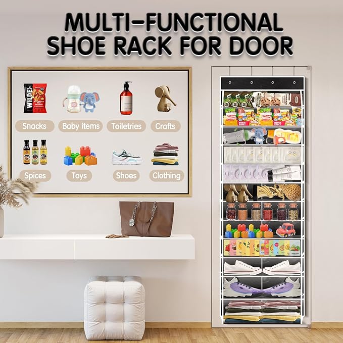 Over The Door Shoe Organizer with 12 Large Breathable Pockets - Heavy Duty Hanging Storage for Adult, Kids & Baby Shoes - Black