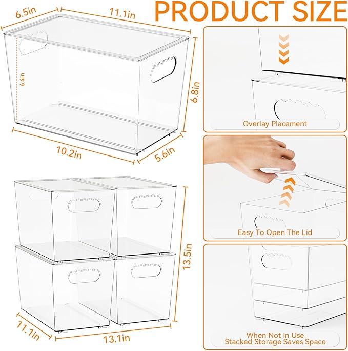 Yieach 4 Pack Stackable Clear Organizer Bins With Lids & Handle,11.1″ Deep Plastic Hall Closet Storage Bins for Pantry,Refrigerator and Cabinets,Acrylic Container for Organizing Toy,Snacks Organizer