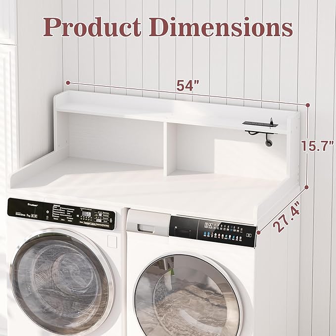 Aheaplus Washer and Dryer Countertop, 2-Tier Laundry Countertop Cover with LED Lights and Power Strip, Large Space Laundry Topper with Shelf for Laundry Room Organization, White