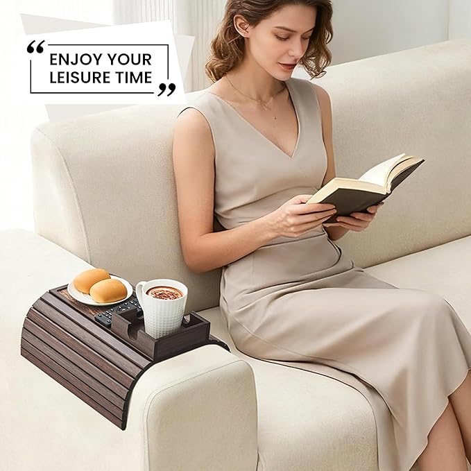 Bamboo Sofa Arm Tray Table, Foldable Couch Cup Holder, Anti-Slip Wide Couch Arm Tray Aremrest Table for Drink, Cup, Remote, Snacks, Cellphone, Portable, Brown