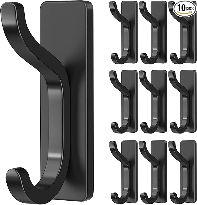 pickpiff 10-Pack Black Adhesive Wall Hooks - 13 LB Strong Stick-On Hooks for Hanging Towels, Coats, Shower & Kitchen Use