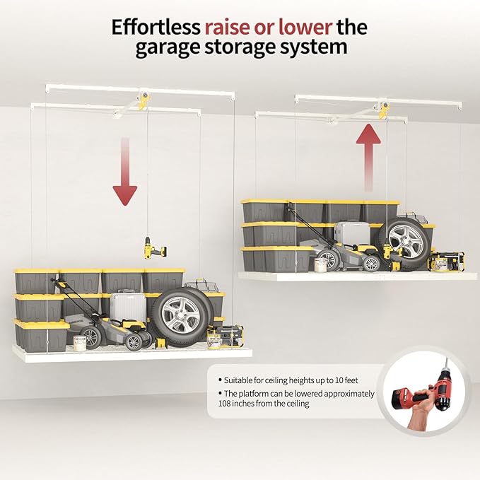 Garage Ceiling Storage Racks, Heavy-duty 4x8 FT Overhead Garage Storage Rack with Safety Lock, Ideal for Ceiling Storage Lifting Organization System, 325lbs Capacity