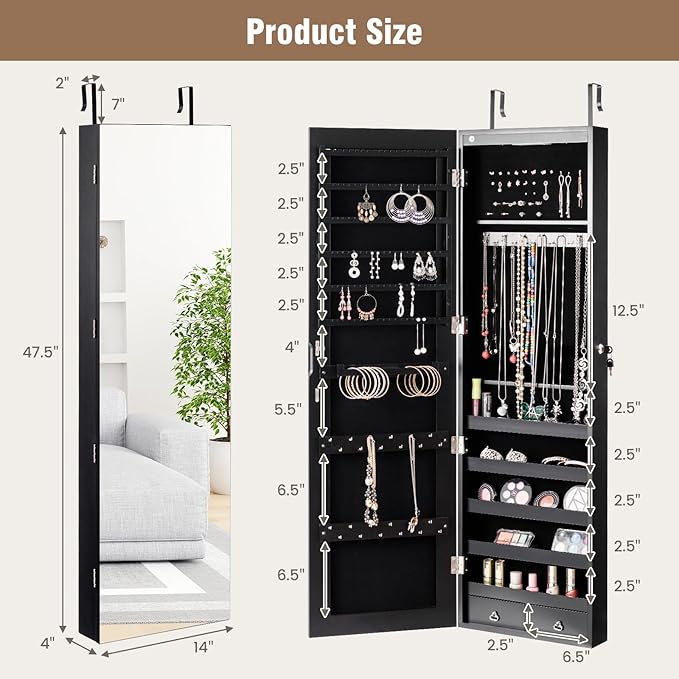HAPPYGRILL Over the Door Jewelry Organizer, Hanging Jewelry Storage Cabinet w/Full-Length, Inner Makeup Mirror, Earring Shelves, Ring Slots, 25 Necklace Hooks, Wall Mounted Jewelry Armoire for Women