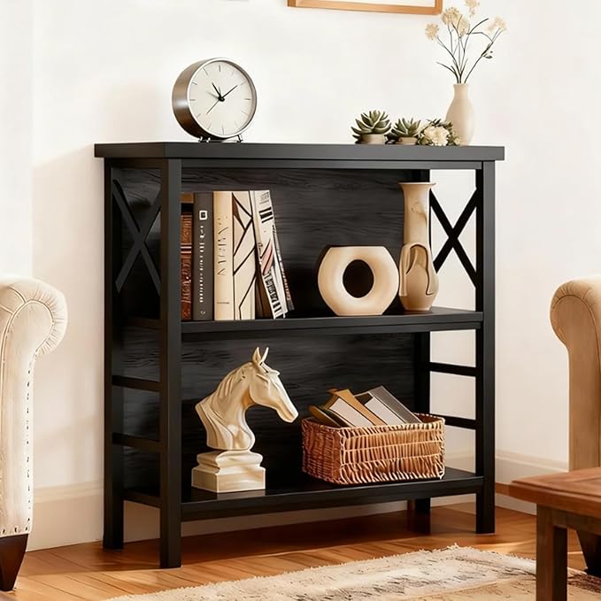 Small Bookshelf,3 Tier Industrial Bookcase with Metal Frame and Backboard,Low Black Book Shelf,Book case for Small Spaces,Living Room,Bedroom and Home Office
