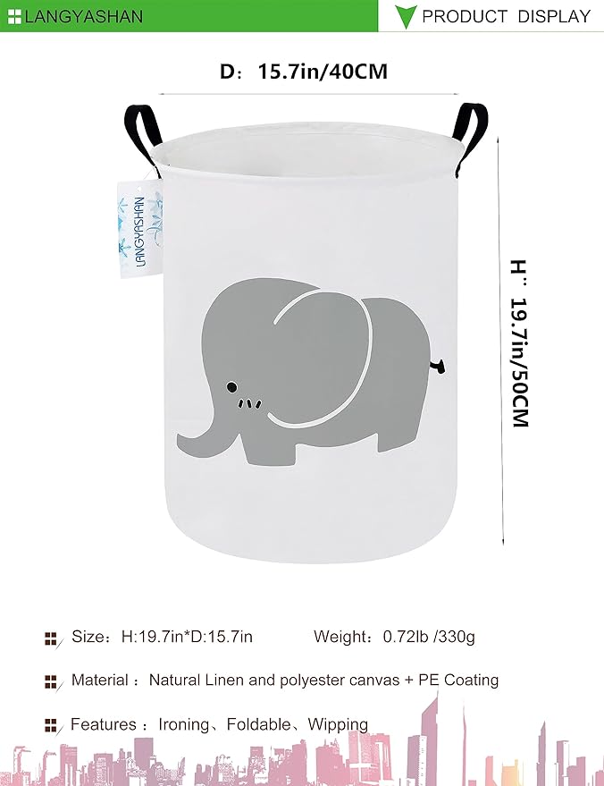 LANGYASHAN Laundry Basket Canvas Fabric Collapsible Organizer Basket for Storage Bin Toy Bins Gift Baskets Bedroom Clothes Children Nursery Hamper (Elephant)