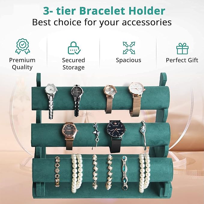 Barelove Velvet Bracelet Holder with 3 Tier Rack, Green T-Bar Storage Organizer Detachable Display Stand for Necklace Watch Bangles Bracelets Scrunchies Organization Showcase