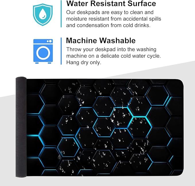 Gaming Mouse Pad – Large Extended Desk Mat35.43 x 15.75 in – Futuristic Black Honeycomb Design with Blue Glow, Non-Slip Base, Waterproof Surface, Keyboard & Mouse Pad for Gaming or Office