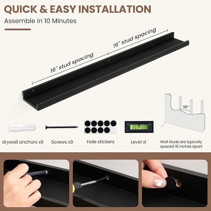 Fun Memories Picture Ledge Shelf, Black Floating Shelves Set of 4, 36 Inch Picture Shelves for Wall with Ledge, Large Nursery Book Shelf for Toys Storage, Living Room, Bedroom Decor Frames