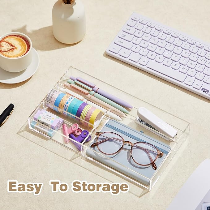 Acrylic Desk Drawer Organizer 11 x 6.1 x 1.38 Inch Storage Tray Organizer for Pens, Stationery, Desktop, Office, Bathroom, Kitchen, Makeup Supplies(4 Compartments, Clear)