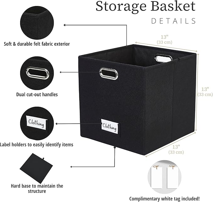 DECOMOMO Black Storage Bins, 13 inch Cube Storage Bins with Labels, Felt Baskets (Cube 13" / 6pcs, Black)