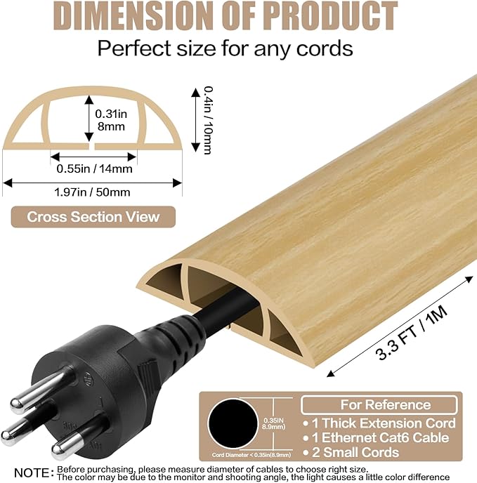Floor Cord Cover Self Adhesive Cord Hider,3.3FT Cable Management, Extension Strip Protector for Wires, Prevent Cable Trips for Offices, Gyms, Exhibitions Cavity:0.47"(W) x0.35(H) WoodLightyellow