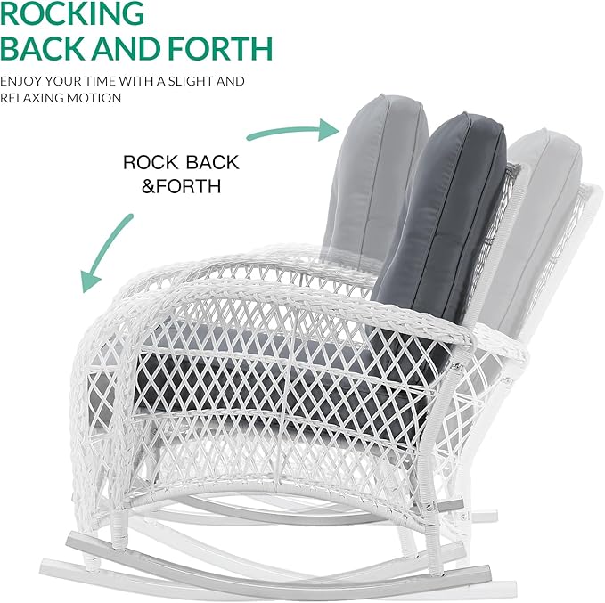 VIVIJASON 2 Piece Patio Wicker Rattan Rocker Chair, Outdoor Rattan Rocker Chair with Cushions & Steel Frame, All-Weather Rocking Lawn Wicker Furniture for Garden Backyard Porch (White Wicker/Grey)