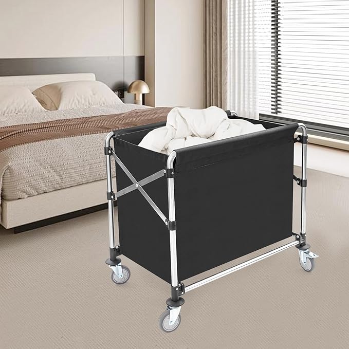 Commercial Laundry Cart with Wheels,Folding Laundry Hamper Cart,Heavy Duty Rolling Basket with Large Capacity,Sorter Trolley for Home Hotel Apartment (Black, 34.25 * 20.47 * 30.7in)