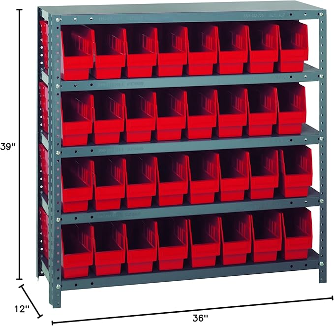 Quantum Storage Systems 1239-201RD Store More Steel Shelving Unit with 6" Shelf Bins, 12" D x 36" W x 39" H, Red