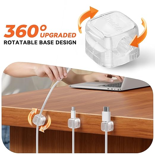 6Pack Rotatable Cord Organizer,Spring Cable Clips Desk Cable Management Cord Holder Adhesive Phone Charger Cord Clips for Home Office Car Wall Nightstand Accessories Clear