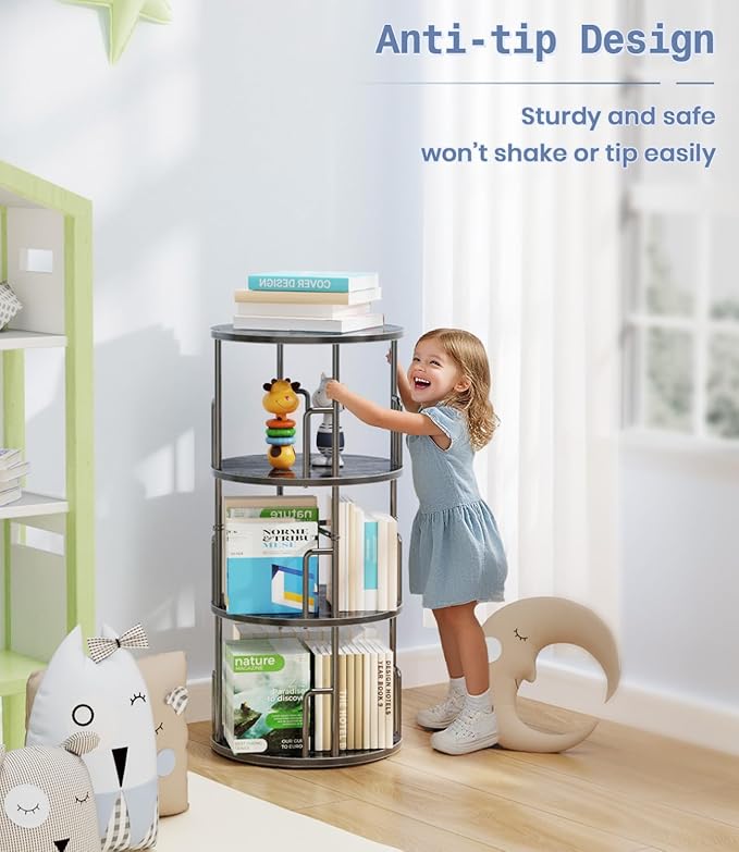 3 Tier Rotating Bookshelf Tower Round Black,37”Floor Standing Spinning Bookshelf Tower Anti-Tipping Design,Metal & Wood Revolving Bookcase Stackable Space Saving for Small Spaces,Study,Living Room