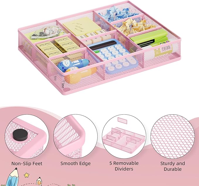 Marbrasse Pink Desk Drawer Organizer, Metal Mesh Drawer Organizer Tray with 5 Adjustable Compartments,Desk Organizers and Accessories for Home,Office,Kitchen,Makeup,Vanity (Pink)