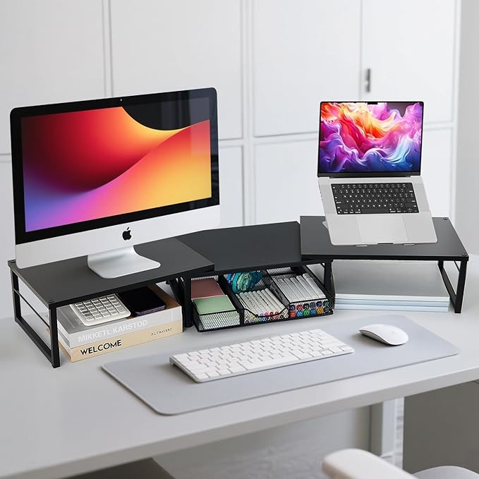 OPNICE Dual Monitor Stand Riser, Desk Organizer with Drawer, Office Desk Organizers and Accessories, Office Workspace Organization, Computer Monitor Stand for Laptop, Printer (Black)