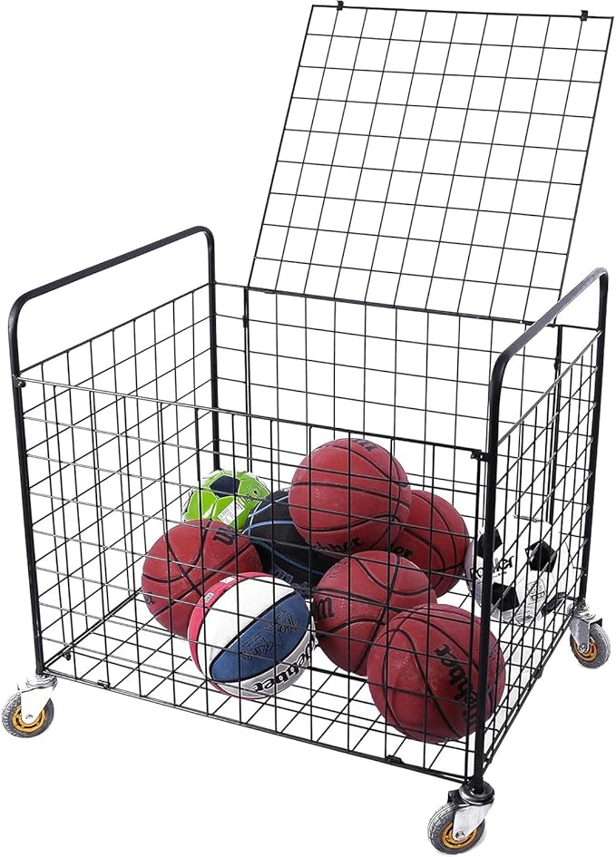 MyGift Professional Gym Metal Multi Sports Ball Storage Cart with Jumbo Industrial Wheels, Commercial Grade Portable Equipment Locker Cage for Basketball, Football, Soccer, Volleyball