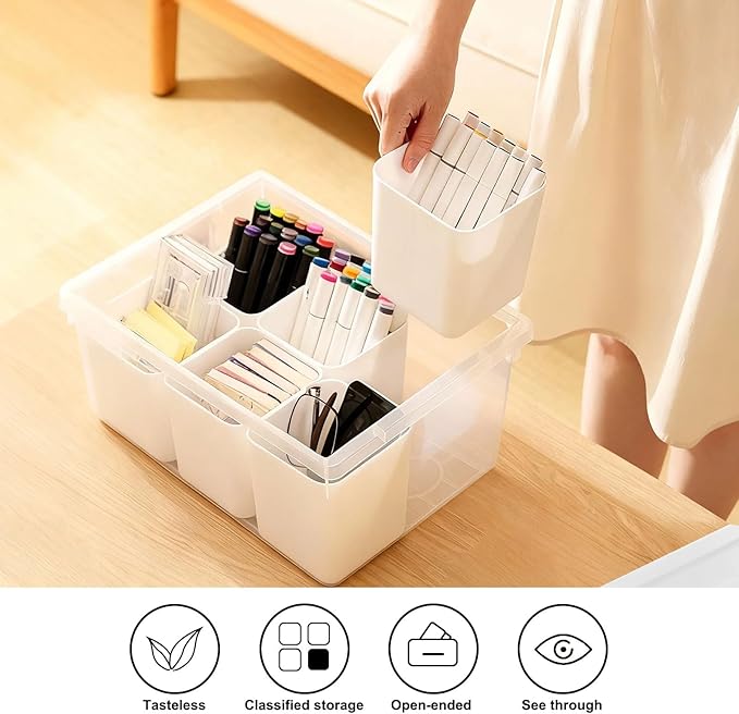 loobuu Plastic Storage Bins with Lids, Art Craft Supply Organizer Box with Brush Pot, Multipurpose Stackable Storage Containers for Organizing Tool, Craft, Crayon,Sewing(White)