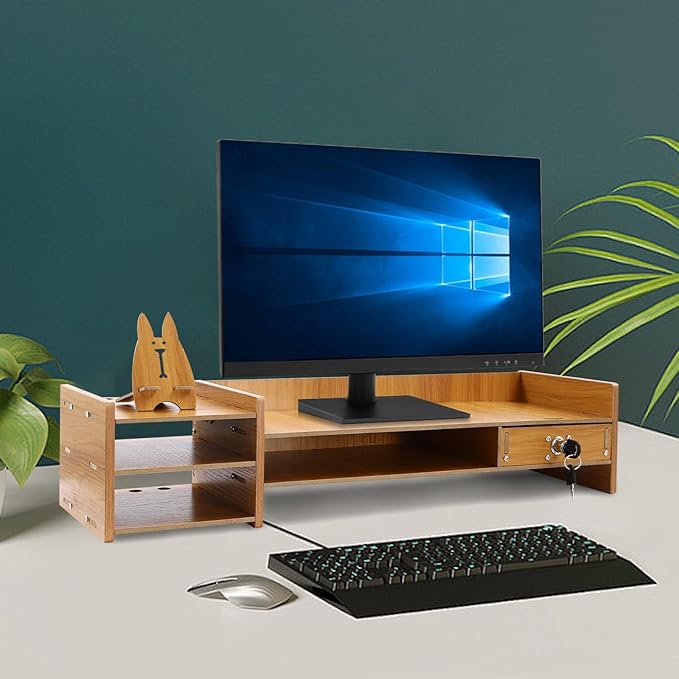 Monitor Stand,Computer Monitor Stand,Computer Rack with Drawers,Desk Shelf Wood Desk Organizer,Wooden Desktop Organizers w/Lock for Home Office Workspace Organizer (4.41lbs)