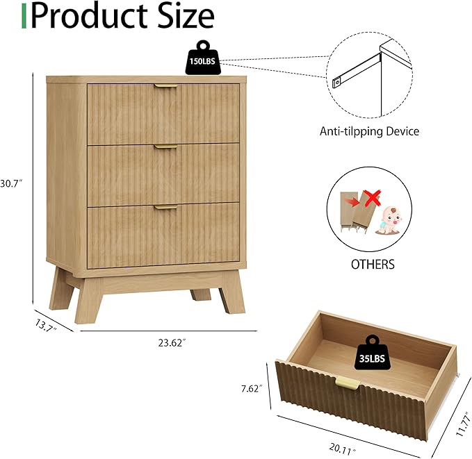 Fluted Nightstand with 3 Storage Drawers, 24" Wide Wood Bedside Table with Mental Handle, Mid Century Modern Wooden Side Table Night Stand, Curved End Table for Bedroom, Living Room, Oak