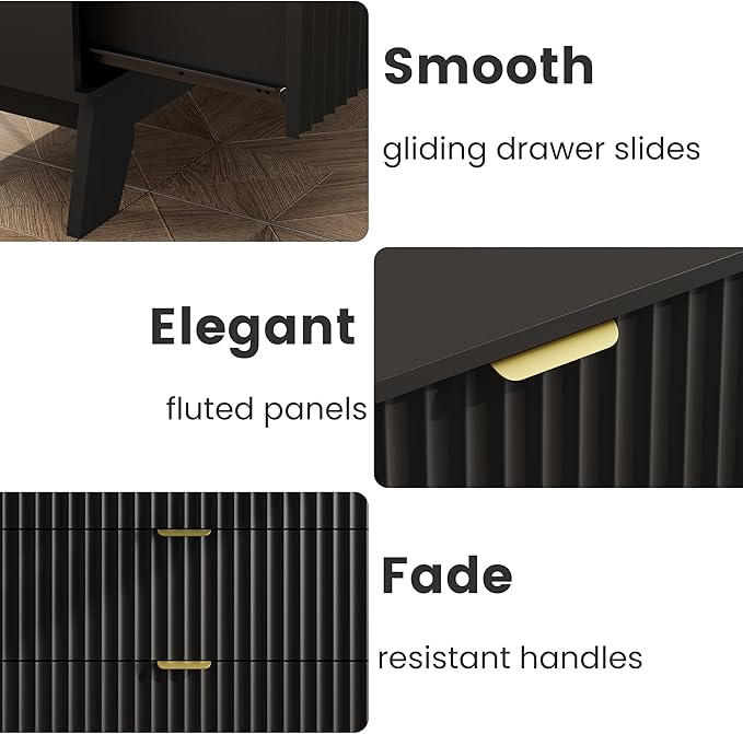 Night Stand Set 2, Bedside Table & End Table, Mid Century Modern Fluted Wood Nightstand with 3 Drawers & Metal Handles, Farmhouse Nightstand for Bedroom, Black