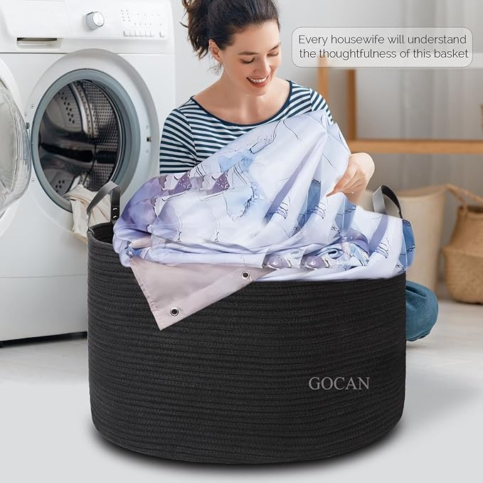 Extra Large Storage Laundry Basket 22" X 22"X 14" Cotton Rope Woven for Blanket Basket with Handles for Living Room Toys Storage XXXL (Pure Blk)