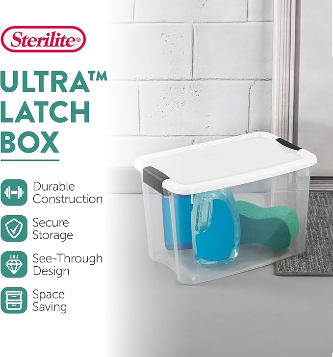 Sterilite 24-Pack Ultra Latching Box, Storage Bins with Lids, Clear Plastic, 30 Quart - Heavy-Duty Organizing Containers for Closet, Bathroom, and Office