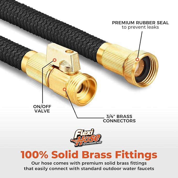 Flexi Hose Lightweight Expandable Garden Hose, 75FT -Retractable Garden Hose, Water Hose - No-Kink Flexibility, 3/4 Inch Solid Brass Fittings and Double Latex Core