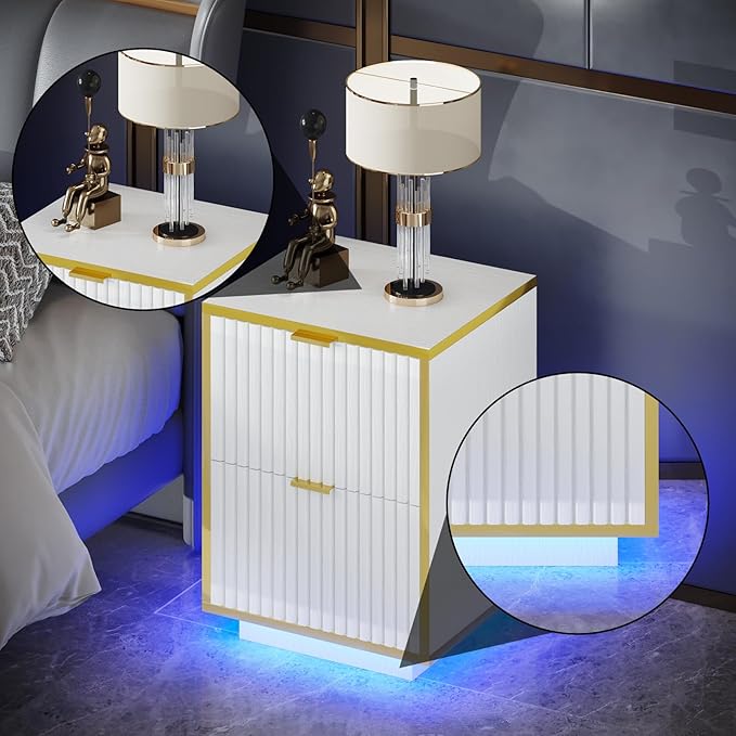 White Nightstand, Fluted End Table with LED Lights, Modern Nightstand with Floating Base, Bedside Table with Storage, End Table with Drawers for Bedroom, White and Gold