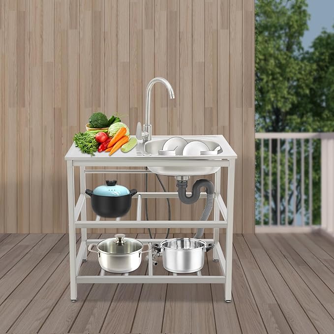 30" Stainless Steel Sink Kitchen Utility Sink with 360° Hot/Cold Faucet Freestanding Workbench 2 Layer Shelf Set for Modern Farmhouse Restaurant Hotel Garage and Laundry Room Outdoor Use