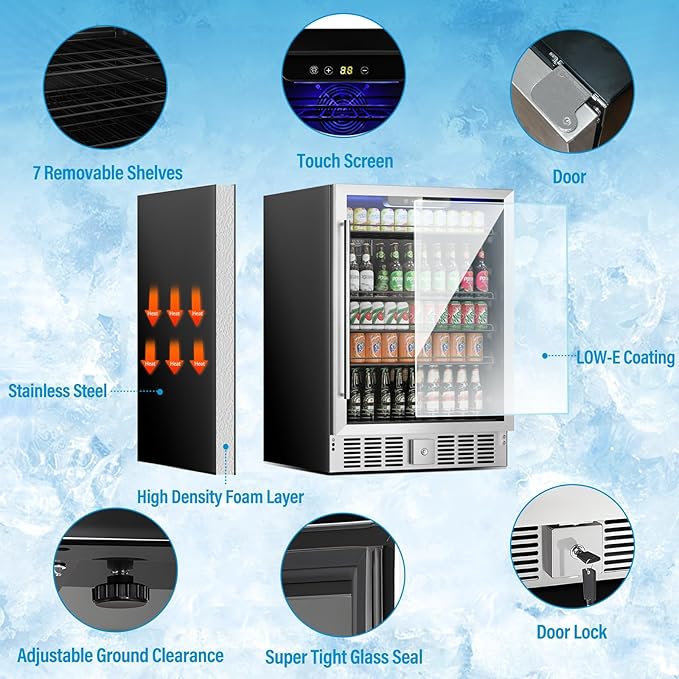 5.3 Cu Ft/166 Can Mini Fridge, Freestanding 24 Inch Beverage Refrigerator with Glass Front Door for Soda, Beer Under Counter Drink Refrigerator with Adjustable Shelves(Silver)