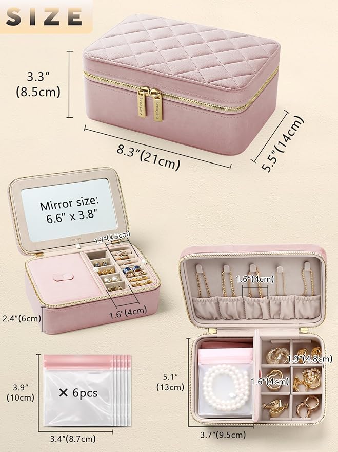 Velvet Travel Jewelry Box with Large Mirror, Double-Layer Jewelry Organizer Case for Women and Girls, Portable Storage Case with 6 Anti-Tarnish Bags Gift Ready for Her (Blush Pink)