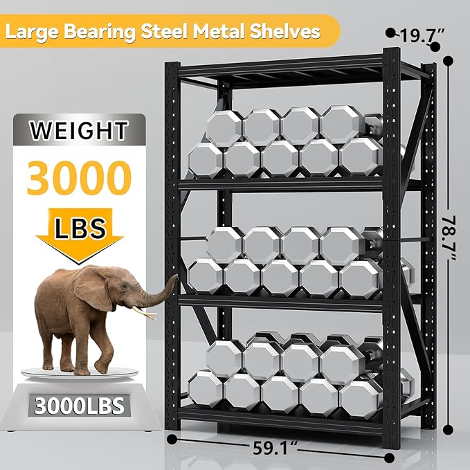 5000LBS Garage Shelving Heavy Duty, 59” W Storage Shelves, 4-Tier Adjustable Metal Storage Shelves, Steel Industrial Shelving Unit, Metal Shelving for Garage, Basement, Warehouse(Black, 59x20x79in)