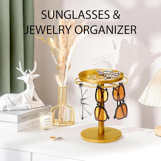 MoyRetty 360° Rotating Sunglasses Organizer - Stainless Steel Glasses Holder Stand with Jewelry Tray, Home Decor for Desk, Dresser & Nightstand(Gold)