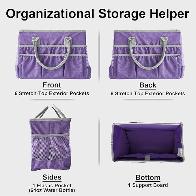 Cupohus Water-Resistant Art Organizer Tote Bag - Craft Storage Bag with Multiple Pockets and Handles for Artists, Kids, Students, and More – Purple