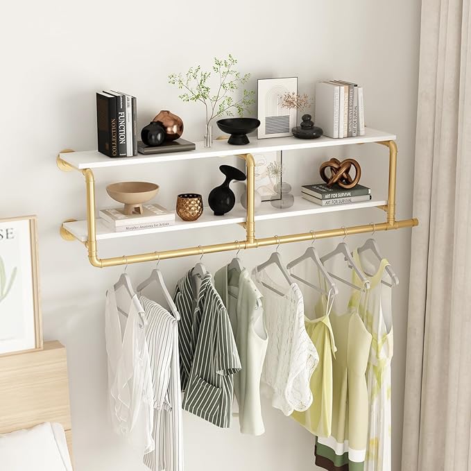 ORSENIGO Industrial Pipe Clothing Rack with Shelves, Gold Wall Mounted Clothes Rack Heavy Duty Display Garment Rack for Home Retail