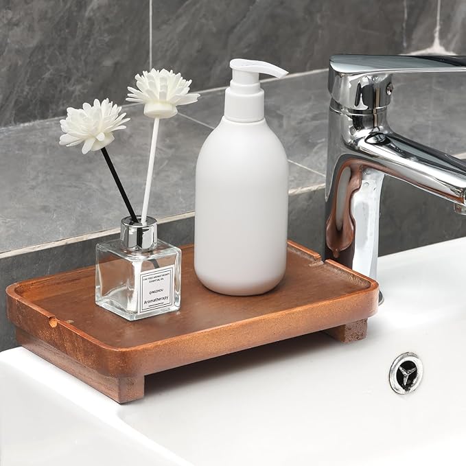 Wood Riser Small Decorative Tray Sink Soap Dish, Vanity Tray Pedestal Stand 9 x 5.9 inches (Light Brown)