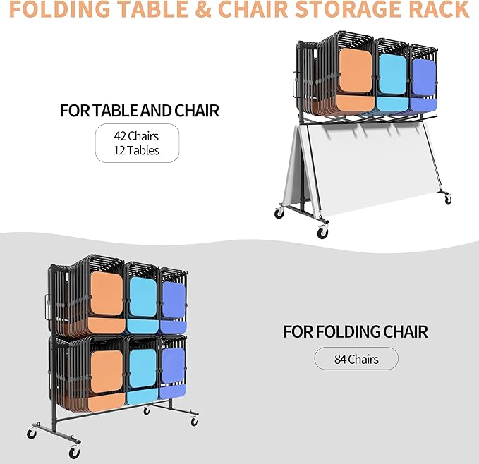 Folding Chair Rack with Wheels, Folding Chair Cart for 84 Chairs or 12 Tables,Heavy Duty Steel Holder, Rolling Storage Rack Dolly, Chair Storage Holder W/Elastic Cords,Dust Cover (Double Layer)