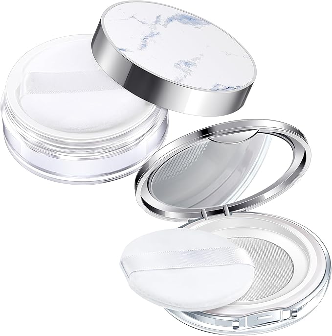 Cunhill 2 Pcs Loose Powder Container with Puff 0.17/0.7 oz Reusable Plastic Empty Case Portable DIY Makeup Powder Container Compact Case with Mirror and Net Sifter(Silver,Marble)