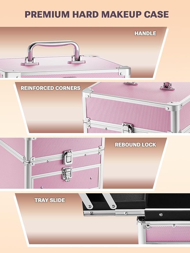 Qislee Makeup Box with Drawer and Four Trays, A Detachable Lighted Mirror, Waterproof Travel Train Case, Cosmetic Organizer and Makeup Suitcase with Magnetic LED Mirror(ICY Pink)