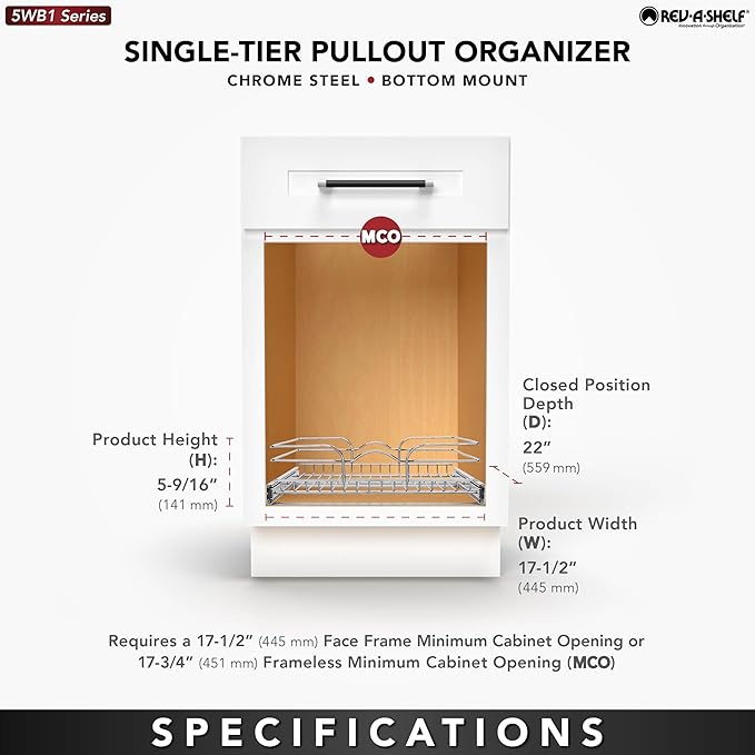 Rev-A-Shelf Kitchen Cabinet Pullout Shelf and Drawer Organizer Slide Out Pantry Storage Basket in Multiple Sizes, 18 x 22 In, 5WB1-1822CR-1