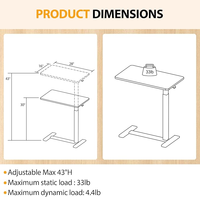 Overbed Table with Hidden Wheels, Height Adjustable Medical Bed Table Hospital Bedside Table, 28" W x 16" D Rolling Laptop Standing Desk for Home & Office, Greyish White